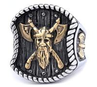 Der Ring, Zweifarbiger Retro-Kriegerkopf in Gold und Silber mit Mjölnir-Axt-Motiv, Vintage-Schmuck im nordischen Stil(Two Tone,Y)