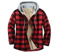 Derbars Herren Baumwolle Plaid Hemden Jacke Fleece Gefüttert Flanellhemden Sherpa Button Down Jacken mit Kapuze für Herren, Rot, schwarz, Large
