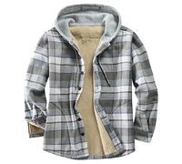 Derbars Herren Baumwolle Plaid Hemden Jacke Fleece gefüttert Flanellhemden Sherpa Button Down Jacken mit Kapuze für Männer, Graue Linie, Small