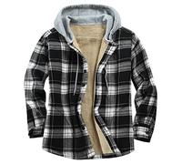 Derbars Herren Baumwolle Plaid Hemden Jacke Fleece Gefüttert Flanellhemden Sherpa Button Down Jacken mit Kapuze für Männer, Schwarz, Weiß, Grau, Klein