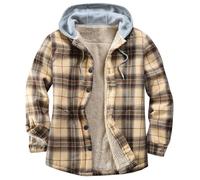 Derbars Herren Baumwolle Plaid Shirts Jacke Fleece Gefüttert Flanell Hemden Sherpa Button Down Jacken mit Kapuze für Männer, Orangefarbener Block, Klein