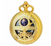 DerMacht Hollow Moon Mechanische Taschenuhr Gold Halskette Anhänger Geschenk für Männer Männer Mondphase Mechanische Taschenuhr Römisches Digitales Zifferblatt mit Kette