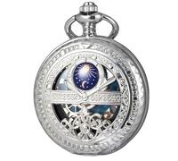 DerMacht Hollow Moon Mechanische Taschenuhr Silber Halskette Anhänger Geschenk für Männer Männer Mondphase Mechanische Taschenuhr Römisches Digitales Zifferblatt mit Kette