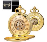 DerMacht Mechanische römische Ziffern Zifferblatt schwarz gold Skelett Taschenuhren mit Box und Ketten für Herren und Damen