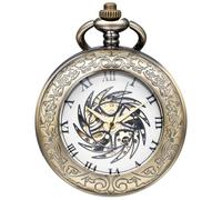 DerMacht Mechanische Taschenuhr aus der Sun-God-Bird-Serie, Bronze, für Herren und Damen, spezielle Lupe, halber Jäger, graviertes Gehäuse, römische Ziffern mit Kette
