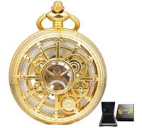 DerMacht Mechanische Taschenuhr, für Herren und Damen, spezielle Lupe, halber Jäger, graviertes Gehäuse, römische Ziffern mit Kette, Fb. Gold, Weiß + Holzbox