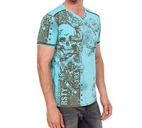 Designer Herren T-Shirt Verwaschen mit All Over Skull Print Totenkopf Rocker T-Shirt Streetwear Vintage Washed Shirt mit V-Neck und Knopfleiste 293, Farbe:Türkis, Größe:L