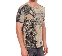 Designer Herren T-Shirt Verwaschen mit All Over Skull Print Totenkopf Rocker T-Shirt Streetwear Vintage Washed Shirt mit V-Neck und Knopfleiste 293, Farbe:Olive, Größe:L