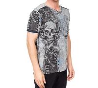 Designer Herren T-Shirt Verwaschen mit All Over Skull Print Totenkopf Rocker T-Shirt Streetwear Vintage Washed Shirt mit V-Neck und Knopfleiste 293, Farbe:Dunkel Grau, Größe:L