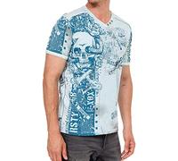 Designer Herren T-Shirt Verwaschen mit All Over Skull Print Totenkopf Rocker T-Shirt Streetwear Vintage Washed Shirt mit V-Neck und Knopfleiste 293, Farbe:Hell Blau, Größe:XL