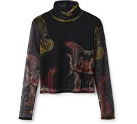 Desigual Damen Langarmshirt - Schwarzes Mesh-Shirt mit buntem Print 22WWTK392000 GR. M