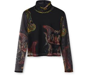 Desigual Damen Langarmshirt - Schwarzes Mesh-Shirt mit buntem Print 22WWTK392000 GR. M