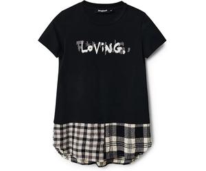 Desigual Damen T-Shirt - Schwarzes T-Shirt mit Karodetail und „Loving“-Print 22WWTKAF2006 GR. M