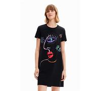 Desigual für Damen. 23SWVK89 T-shirt kleid schwarz Arty face (S), Lässig, Baumwolle, Kurzarm, Nachhaltig