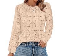 Desol Damen Bluse Langarm mit Blumen Cutout Loose Fit für Frühling Sommer, Rundhals Tunika Freizeit
