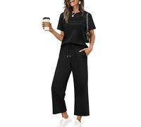 Desol Damen Trainingsanzug Jogginganzug Zweiteiler für Sommer - Kurzarm Oberteil mit Raffung und Weite 7/8 Hose mit Taschen - Loungewear für Reisen & Freizeit & Hausgebrauch