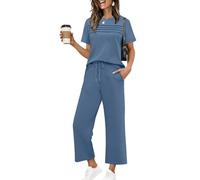 Desol Damen Trainingsanzug Jogginganzug Zweiteiler für Sommer - Kurzarm Oberteil mit Raffung und Weite 7/8 Hose mit Taschen - Loungewear für Reisen & Freizeit & Hausgebrauch
