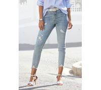 Destroyed-Jeans BUFFALO "mit ausgefransten Saumabschlüssen aus bequemer Baumwollmischung", Damen, Gr. 36, N-Gr, blau (blau, washed), Denim/Jeans, Obermaterial: 98% Baumwolle, 2% Elasthan, Destroyed-Ef