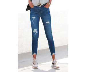 Destroyed-Jeans BUFFALO "mit ausgefransten Saumabschlüssen aus bequemer Baumwollmischung", Damen, Gr. 46, N-Gr, blau (schwarz, blau, washed), Denim/Jeans, Obermaterial: 98% Baumwolle, 2% Elasthan, Des