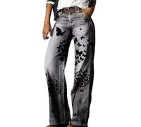 Destroyed Jeans Damen, Jeans Mit Gummizug, Schlaghose Weitem Bein Hoher Taille Lässig Vintage Blumendruck Leger Farbenfrohe Hose Stretch Hose 44, Blitzangebote des Tages