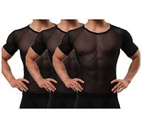 Detwen Herren Unterhemd 3er Pack Durchsichtige Unterwäsche Männer Netzshirts Slim Fit Reizwäsche Super Atmungsaktiv Schwarz L