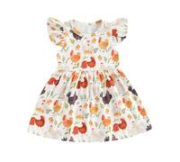 Dewadbow Kleinkind Baby Mädchen Lustiges Bauernhof-Huhn Flatterärmel Kleid Casual A-Linie Sommerkleid Frühling Sommer Kinderkleider, Weiss/opulenter Garten, 3-4 Jahre