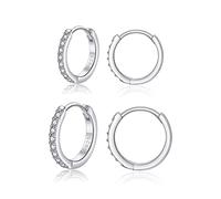 Deyanse Silber Creolen Ohrringe für Damen, 2 Paare 925 Sterling Silber Creolen Ohrringe Set mit Zirkonia, Unisex Klein Schlafen Knorpel Kreolen, Silber Creolen Ohrringe für Damen Mädchen, 12, 14mm