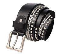 DFGGE 3 Reihen Nieten Echtes Leder Hand Gemacht Gürtel Punk Gothic Style Hip Hop Rock Nietengürtel Damen Und Herren Mit Silberfarbener Dornschließe Ledergürtel,Schwarz,120cm/waist:40"~42"