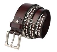 DFGGE 3 Reihen Nieten Echtes Leder Hand Gemacht Gürtel Punk Gothic Style Hip Hop Rock Nietengürtel Damen Und Herren Mit Silberfarbener Dornschließe Ledergürtel,Kaffee,110cm/waist:36"~38"