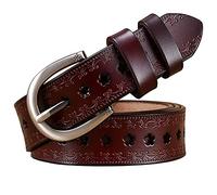 DFGGE Damengürtel aus Echtleder Rindsleder mit Blume Lochmuster, silberner Gürtelschnalle Geprägte Ledergürtel für Jeanshosen,Kaffee,100cm/waist:32"~34"