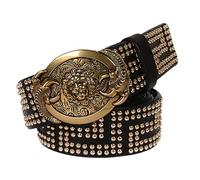DFGGE Fashion Damen Leder Gürtel Nietengürtel Im Vintage-Look, Jeansgürtel Handgemachtes Herrengürtel Mit Exquisit Löwe Geschnitztes Schnalle,Schwarz,115cm/waist:38"~40"