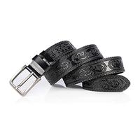 DFGGE Gürtel Herren & Damen mit Ornament Prägung Handwerkskunst Muster, silberfarbener Dornschließe kürzbar, Ledergürtel,Schwarz,120cm(40"~42")
