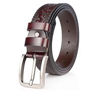 DFGGE Handgemachter Gürtel Damen Herren Ornamente Geprägte Blumen Muster Ledergürtel aus Rindsleder, für Anzug Jeans Hosen Gürtel 38mm,Kaffee,125cm(42"~44")