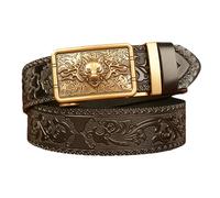 DFGGE Ledergürtel Herren/Junge Handgemachtes Tiger Wolf Gold Schnalle Leder Gürtel Automatik Geprägtem Ornament Muster Jeans Belt,Schwarz,130cm/waist:44"~46"