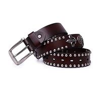 DFGGE Nietengürtel Gürtel mit Totenkopf und Rundnieten im Vintage Style, echtem Leder für Damen und Herren,Ledergürtel kürzbar,Kaffee,120cm(40"~42")