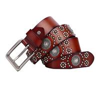 DFGGE Unisex Gürtel für Damen und Herren Echtes Ledergürtel Niete in kreisförmiger Anordnung Nietengürtel im Vintage-Look mit Silberfarbener Dornschließe,Rot,125CM