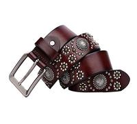 DFGGE Unisex Gürtel für Damen und Herren Echtes Ledergürtel Niete in kreisförmiger Anordnung Nietengürtel im Vintage-Look mit Silberfarbener Dornschließe,Braun,115CM