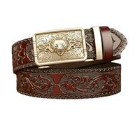 DFGGE Vintage Gürtel Ratsche Automatikschließe Silber Tiger Wolf Schnalle Ledergürtel mit Ornament Prägung,Für Herren Jeans Anzug,Braun,105cm/waist:34"~36"