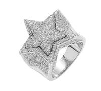 DFWY Herren Iced Out CZ Simulated Diamond 3D Star Ring -14K Vergoldeter Hip Hop Bling Pentagramm Zirkon Ring - Funkelnder Strass Rapper Street Rock Schmuck(Silver,07)