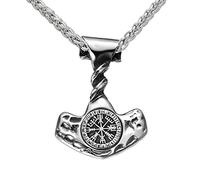 DFWY Herren Wikinger Kompass Mjolnir Anhänger Halskette - Edelstahl Nordische Runen Thors Hammer Halskette - Handgefertigter Vintage Mode Heidnischer Amulett Schmuck (Color : Silver)