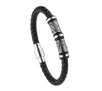 DFWY Herren Wikinger Perlen Lederarmband - Nordischer Edelstahl Keltische Knoten Perlen Geflochtenes Seil Armband - Handgefertigter Vintage Pagan Armreif Schmuck(Black,21CM)