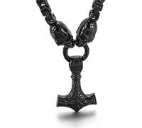 DFWY Männer Stainless Steel Stahl Personalisierte kreative Thor Hammer Halskette, Nordic Pagan Vintage Mjolnir Totem Amulett Anhänger mit Schädel King Kette(Black)