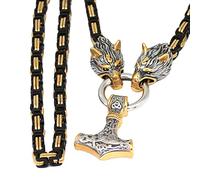 DFWY Nordic Viking Celtic Thors Hammer Anhänger Halskette - Herren Edelstahl Mjölnir Anhänger Wolfskopf Königskette Amulett - Mittelalter Mode Punk Street Rock Schmuck