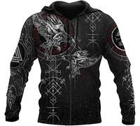 DFWY Nordische Mythologie Wikinger Odins Raben Kompass Reißverschluss Kapuzenjacke, Herren Vegvisir Vintage Große Größe Langarm Casual Sweatshirt Mit Tasche (Zip, XL)