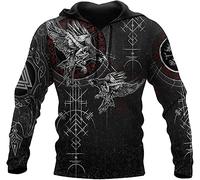 DFWY Nordische Mythologie Wikinger Odins Raben Kompass Reißverschluss Kapuzenjacke, Herren Vegvisir Vintage Große Größe Langarm Casual Sweatshirt Mit Tasche (Pullover, 5XL)