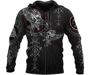 DFWY Nordische Mythologie Wikinger Odins Raben Kompass Reißverschluss Kapuzenjacke, Herren Vegvisir Vintage Große Größe Langarm Casual Sweatshirt Mit Tasche (Zip, XXL)