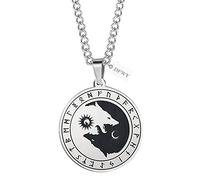 DFWY Nordische Runen Viking Wolf Edelstahl Halskette for Männer,Yin Yang Wölfe Anhänger Halskette,Handgefertigte Mode Retro Odin Wolf Kopf Fenrir Keltischer Heidnischer Schmuck (Color : Silver)