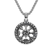 DFWY Nordische Wikinger Kompass Vegvisir Magic Rune Anhänger Halskette, Herren Edelstahl Odin Symbol Valknut Halsketten, Vintage Charm Pagan Amulett Schutz Schmuck (Color : Silver)