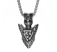 DFWY Nordischer Edelstahl Odins Speer Halskette - Männer Frauen Wikinger Odin Valknut Symbol Speerkopf Amulett Anhänger - Handgefertigter Hip Hop Street Rock Schmuck (Color : Silver)