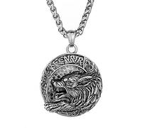 DFWY Viking Fenrir Anhänger Halskette, Männer Frauen Edelstahl Zweifarbig Odin Wolfskopf Amulett, Nordische Mode Keltischer Knoten Totem Party Geschenk Tierschmuck (Color : Silver)